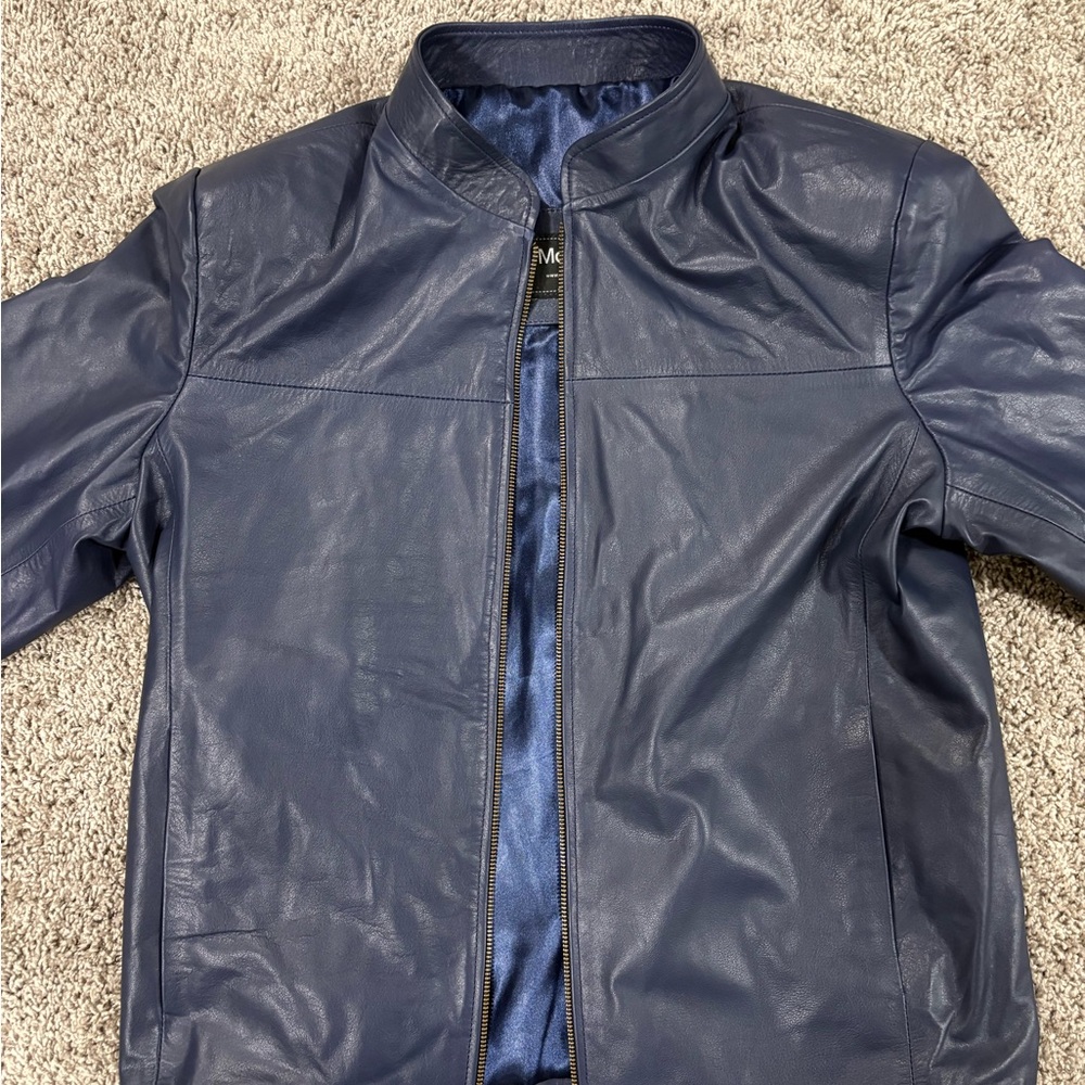 Men's Blue Leather Bomber Jacket- brand new.